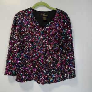 VTG Classic Creations Womens Multi Color Sequin V-Neck Party Blouse Black Size M